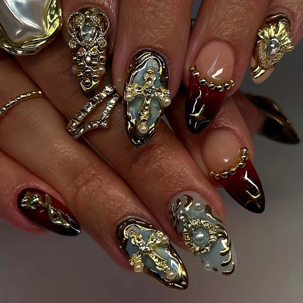 White Almond Press On Nails With Rhinestones And Pearl Cross, Medium Glossy Fake Nails, 24Pcs Reusable