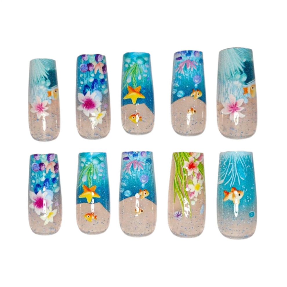Blue Gradient Press On Nails For Women, Reusable Full Cover Fake Nails With Glue Application