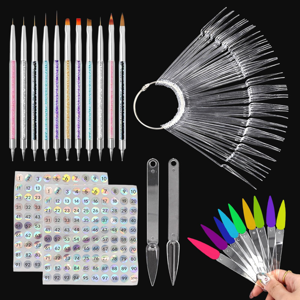 200 Pcs Clear Nail Swatch Sticks with Numbered Labels and 11 Nail Art Brushes for Color Display