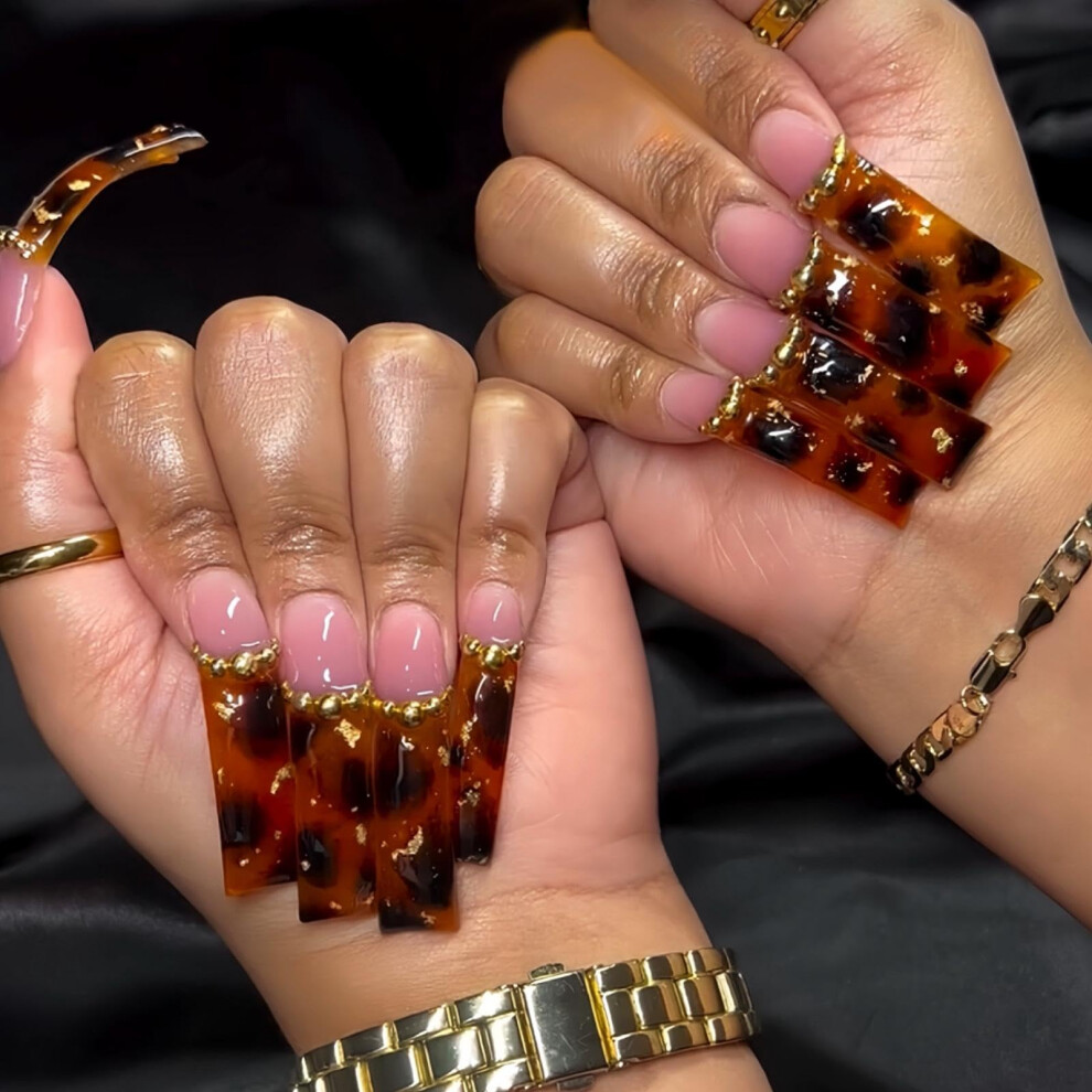 Gold Extra Long Leopard Press On Nails Reusable Curved Tips Glossy Finish 20Pcs Fake Nails For Women