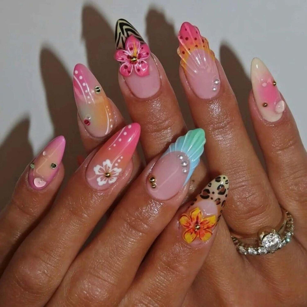 Pink 3D Flower Press On Nails Almond Fake Nails With Pearls And Rhinestones Reusable 24Pcs Set