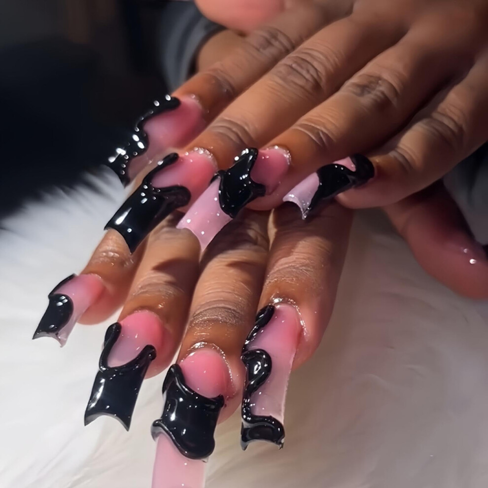 Pink Extra Long Curved Press On Nails Ombre Glossy Fake Nails With 5D Charm Design Reusable Set 20Pcs