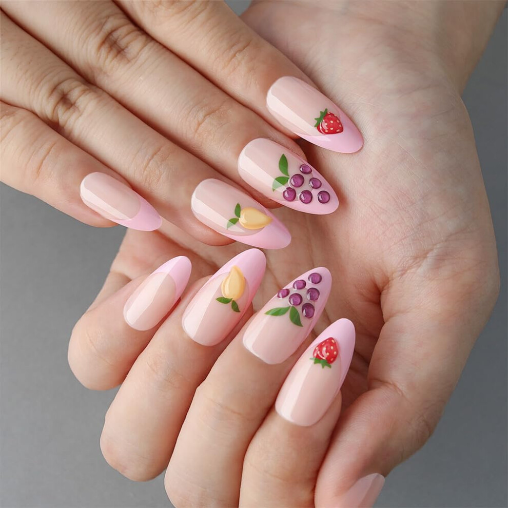 Medium Almond Press on Nails Nude Pink French Tip Set with 3D Fruit Design Glossy Reusable Fake Nails
