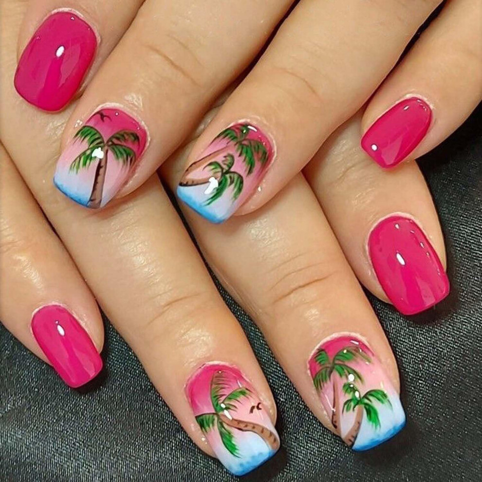 Hot Pink Coconut Tree Press On Nails Set 24Pcs Short Square Fake Nails with Glossy Tropical Design