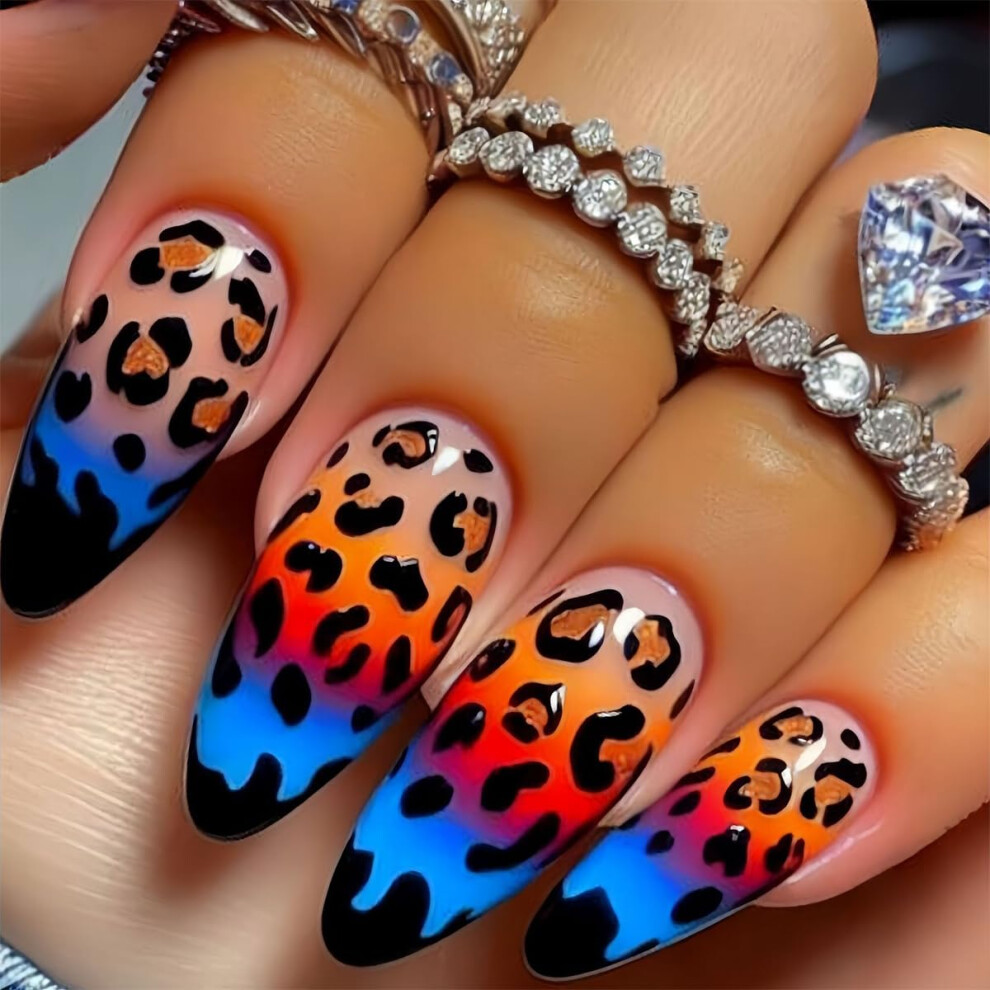 Almond Medium Press on Nails Blue Orange Gradient Leopard Print Reusable Acrylic False Nails 24Pcs for Women