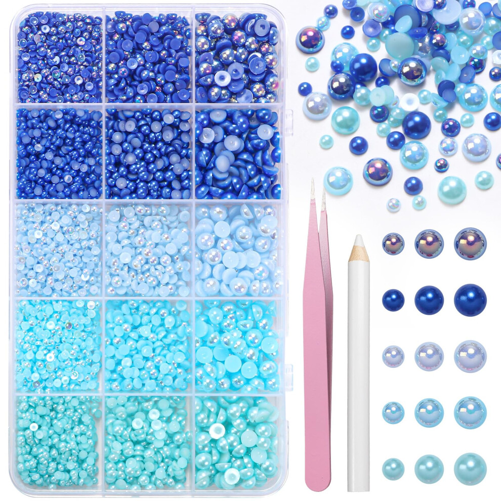 Blue 15000 Pcs Flatback Pearls For Crafts And Nails, Assorted Sizes Half Round Abs Pearl Beads Set With Tweezers