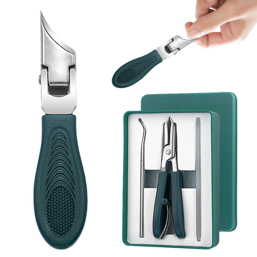 Green 3Piece Wide Jaw Nail Clipper Set For Thick Nails, Eagle Beak Precision, Antisplash Design,