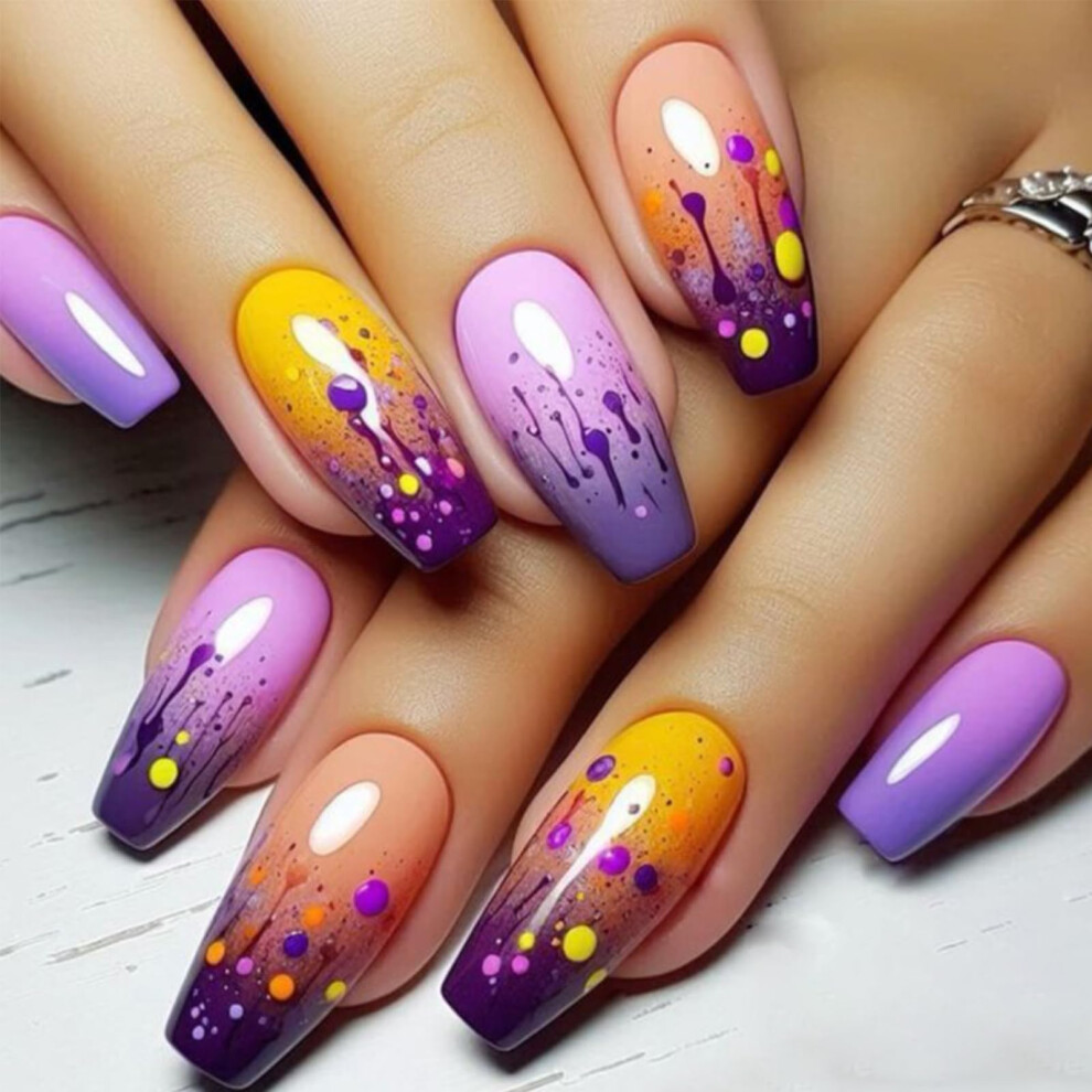 Purple Press On Nails Colorful Dots French Coffin Fake Nails Medium Full Cover Acrylic Manicure