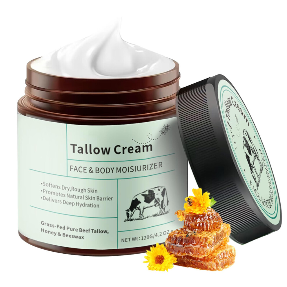 Beef Tallow Moisturizer with Honey, Grass Fed Organic Face Cream for Deep Hydration 4.2oz
