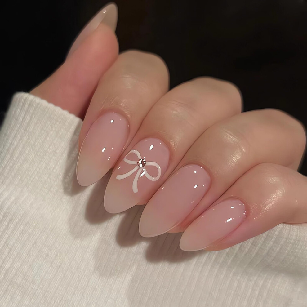 Cream Medium Almond Nude Press On Nails Ombre Bow Design 24Pcs Reusable Glossy Acrylic False Nails