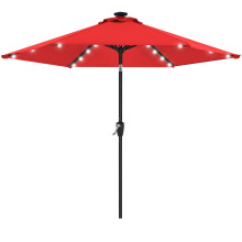 9 Ft Patio Umbrella with Solar LED Lights, Tilt Control, Waterproof UVResistant Red Burgundy Canopy