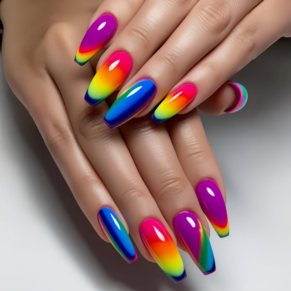 24PCS Medium Coffin Press On Nails Set Rainbow Gradient Glitter Acrylic Fake Nails Reusable for Women