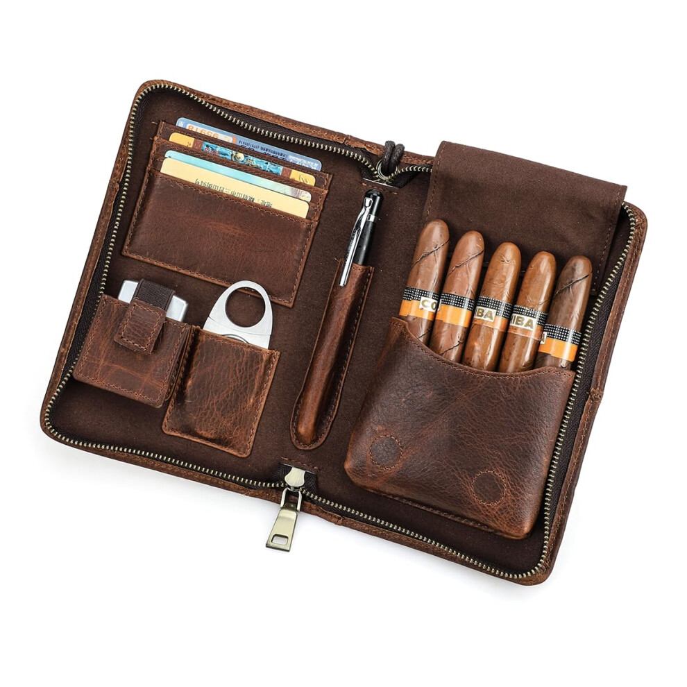 Grain/Brown Full Leather Cigar Travel Case With Cutter And Lighter Pocket For 5 Cigars Caramel