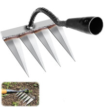 Heavy Duty Garden Rake with Iron Tines for Weeding, Soil Loosening and Lawn Dethatching