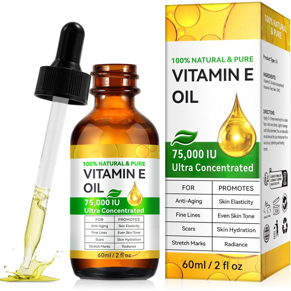 Vitamin E Oil for Skin Scars Face and Body 75,000 IU Deep Hydration Moisturizer 2 Fl Oz