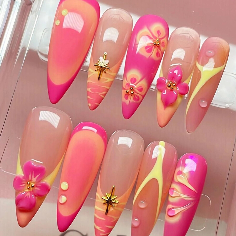 Yellow Long Almond Press On Nails Set With Floral Ombre Design, Salonquality Acrylic Fake Nails 24Pcs