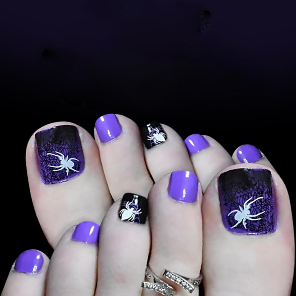 Halloween Press On Toenails Short Square Fake Toenails with Glossy Cobweb Spider Design Reusable 24Pcs