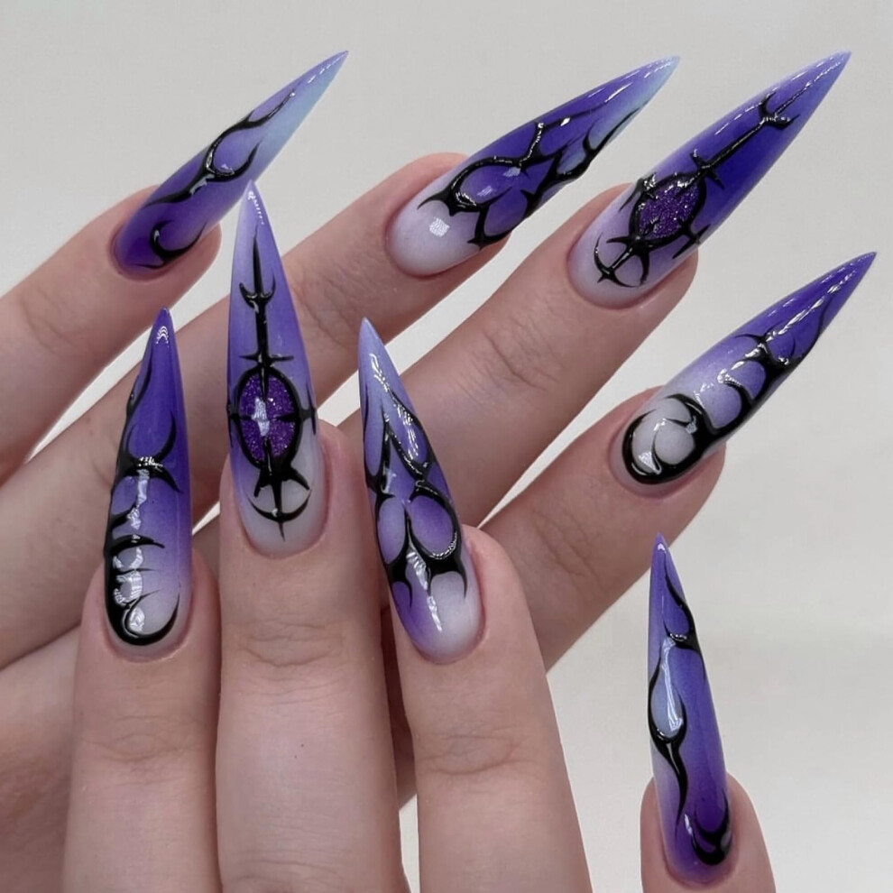 Black,Purple Press On Nails Long Stiletto Purple Ombre Gothic Black Flame Design 24Pcs Easy Glue Application