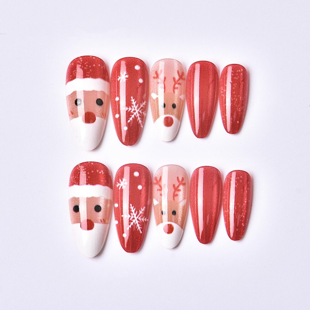 Pink Medium Almond Press On Nails Set Glitter Elk Snowflake Design Reusable 24Pcs For Women