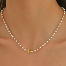 MEDFOLY 14K Gold Plated Cross Necklace for Women Anti Allergic Small Cross Pendant Pearl ChainTrendy Faith Jewelry Gift