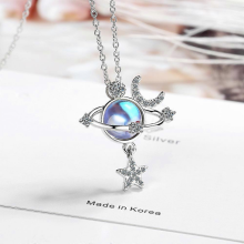 Collier pendentif clavicule femme en argent sterling S925 avec pierre de lune dégradée, étoile, lune, diamant et zircon (40 cm + 3,5 cm)