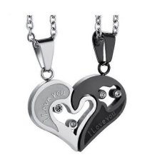 Two Colors Stainless Steel Mens Womens Couple Necklace Pendant Love Heart CZ Puzzle Matching