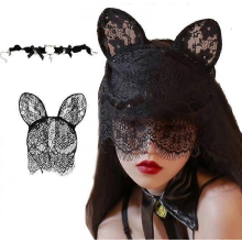 Cerchietto con orecchie di gatto per adulti con velo in pizzo e collare in pizzo, accessorio per il collo, anello girocollo in pizzo.