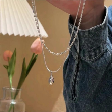 Charm Double Layer Water Drop Pendant Necklace Jewelry for Women Cute Cool Silver Color Clavicle Chain Aesthetic Y2k Jewelry