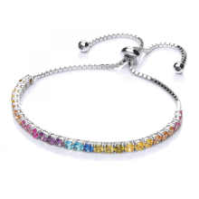 Unisex Sterling Silver Multi Colour Cubic Zirconia Rainbow Adjustable Box Chain Tennis Slider Bracelet
