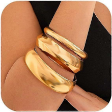 GlamRays 3 Pack Women's Chunky Gold Bracelets, Fashionable Wide Bracelets, Fashion Bracelets, Fashion Jewelry Gift, Gold, L, Gold, L