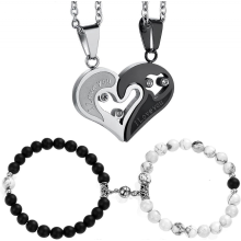 4pcs I Love You Heart Puzzle Pendant Necklace Black Matte Agate &White Howlite