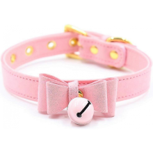 Leather Bell Choker Lolita Bow Collar Velvet Necklace Pink