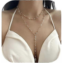 Collier cœur strass, chaîne de poitrine et de corps multicouche en cristal pour l'été à la plage
