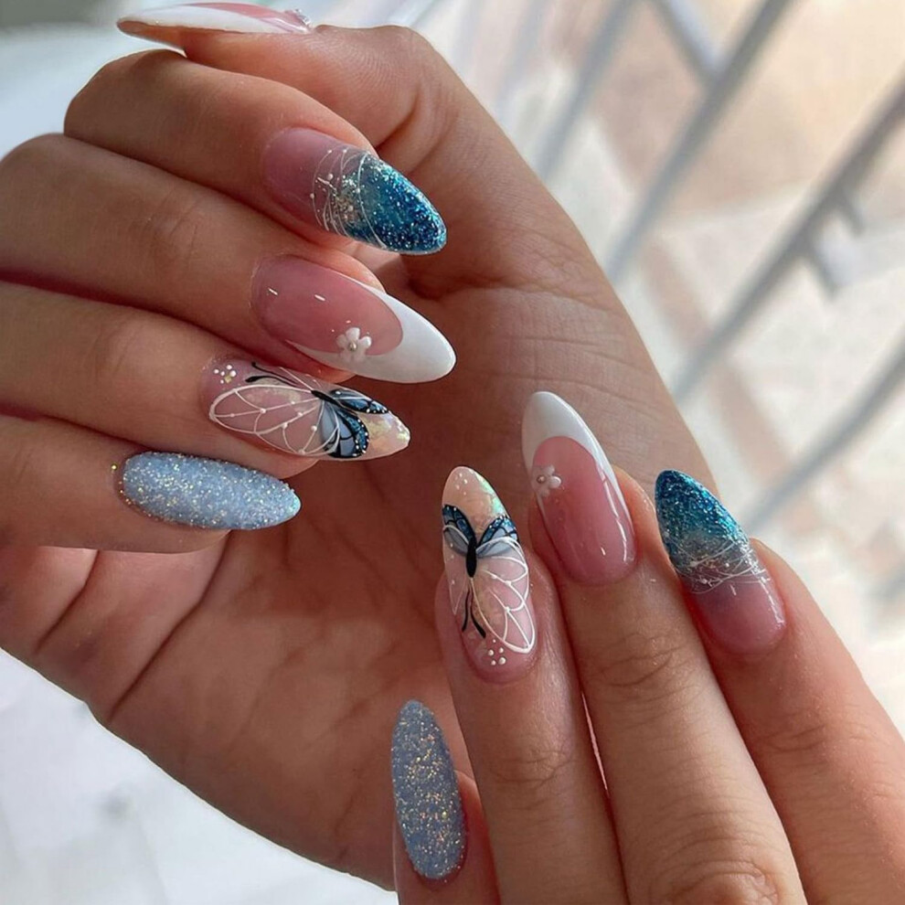 Blue Butterfly Press on Nails Medium Length Acrylic Fake Nails Reusable Gradient Glitter Set 24pcs
