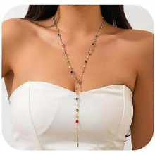 Collier long en forme de Y orné de strass, bijou de poitrine et de corps en perles et cristaux colorés