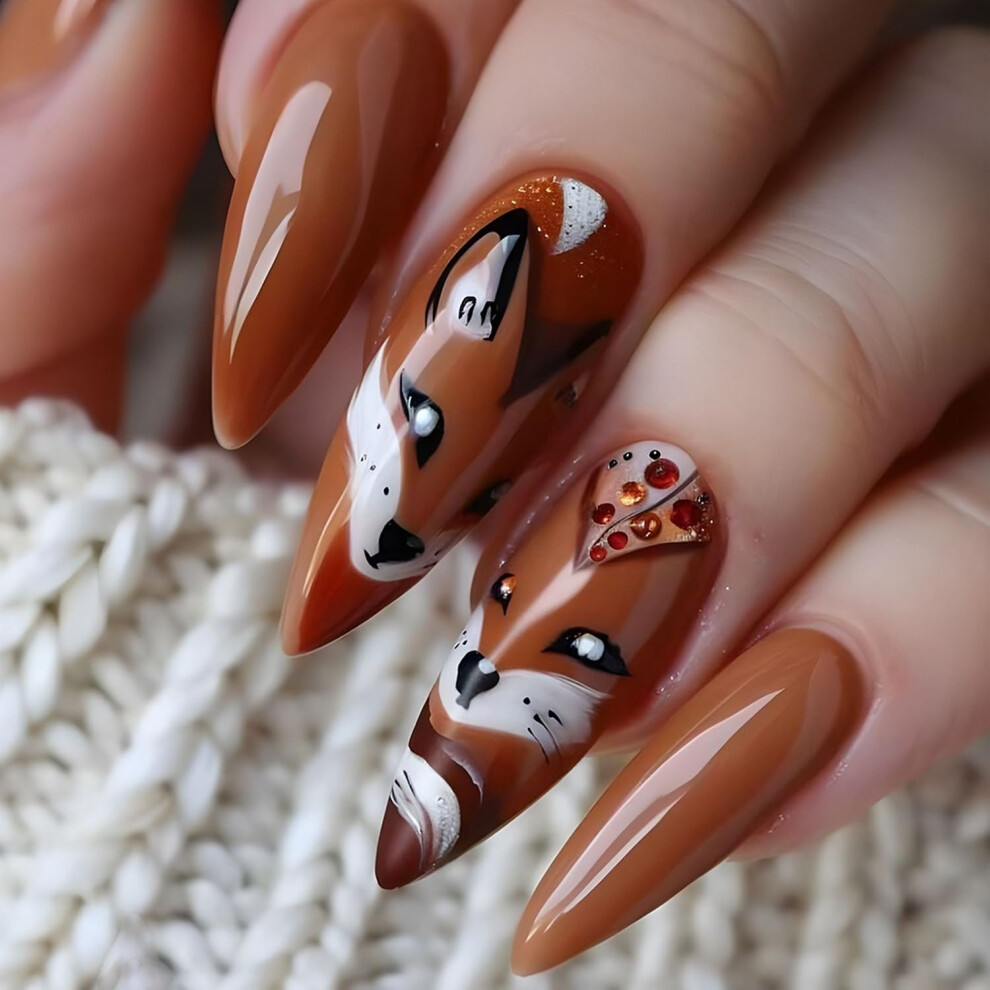 Brown Long Stiletto Press On Nails Acrylic Nails Set With Glossy Autumn Fox Design Reusable Salonquality False Nails 24 Pcs