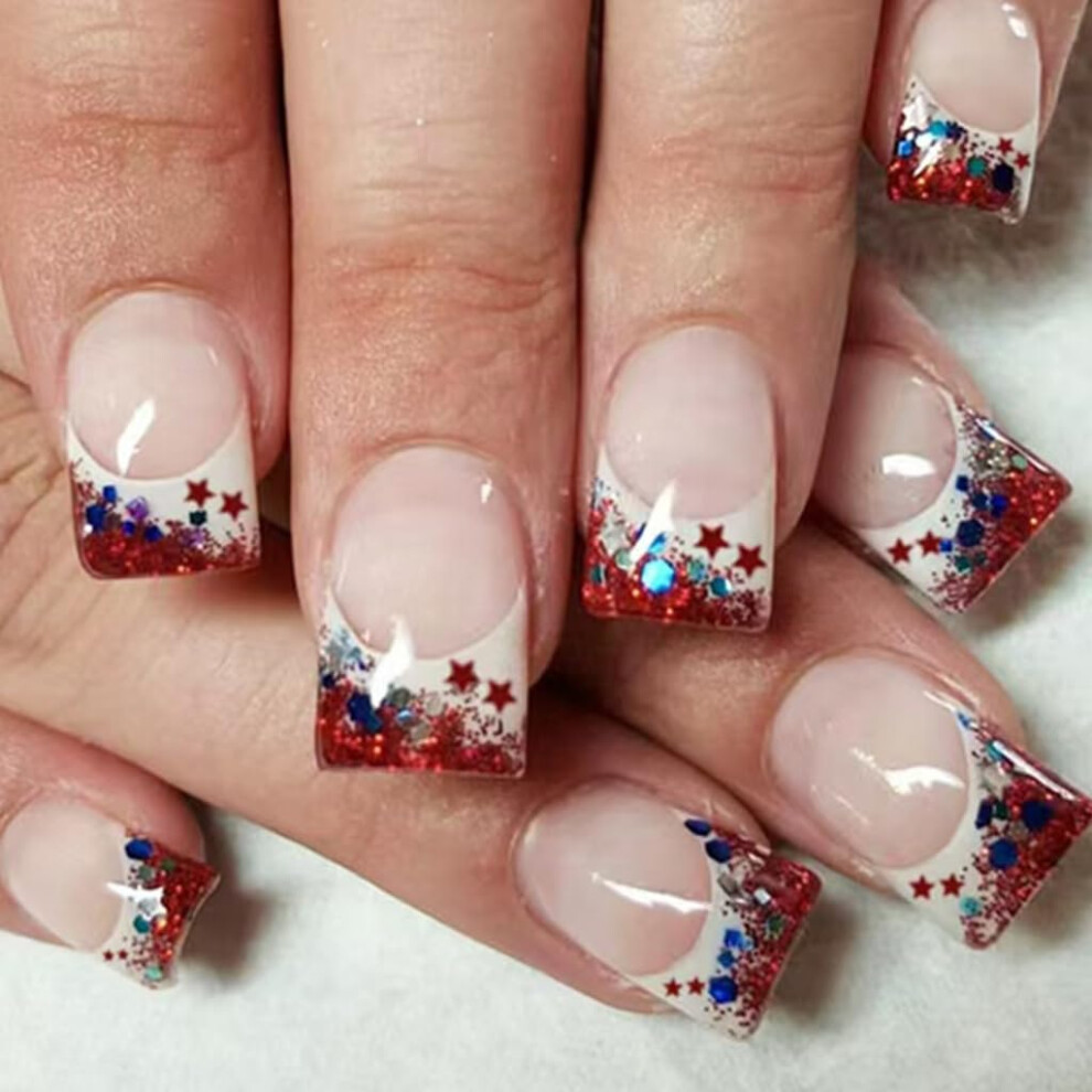 Blue,Red Patriotic Press On Nails With Red And Blue Glitter, Fourth Of July French Tip Fake Nails, Durable Glossy Finish