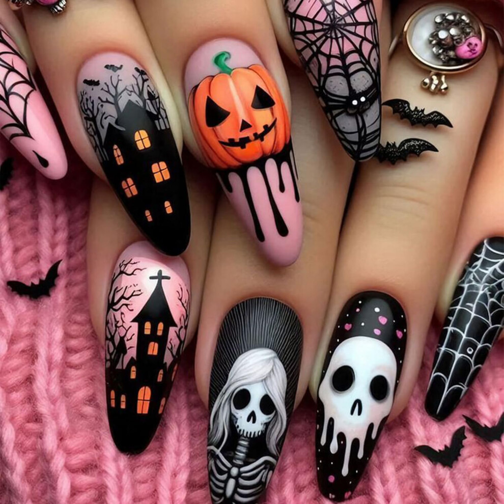 Pink,Black Halloween Press On Nails Black Pink Almond Fake Nails With Pumpkin Skull Ghost Design 24Pcs