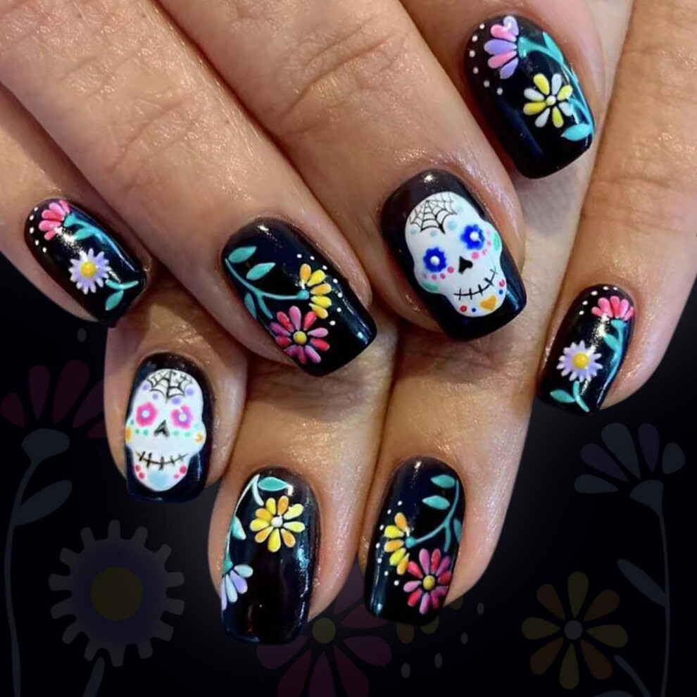 Halloween Press On Nails Short Square Skeleton and Spider Web Fake Nails Reusable Set for Women 24pcs