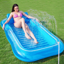 Inflatable Tanning Pool Lounger with BuiltIn Sprinkler, XL Float Bed with Pillow and Cup Holder for Adults