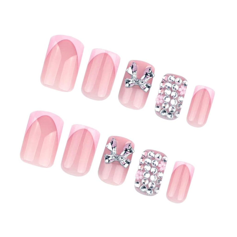24PCS Short Square Press On Nails with Bows, French Tip Butterfly Design, Durable Full Coverage for Special Occasions