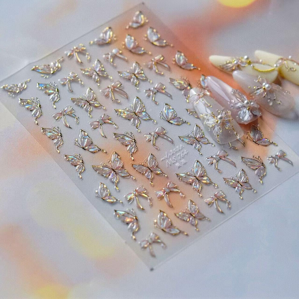 Pink Butterfly Nail Art Stickers 5D Embossed Selfadhesive Aurora Bow Nail Decals For Women