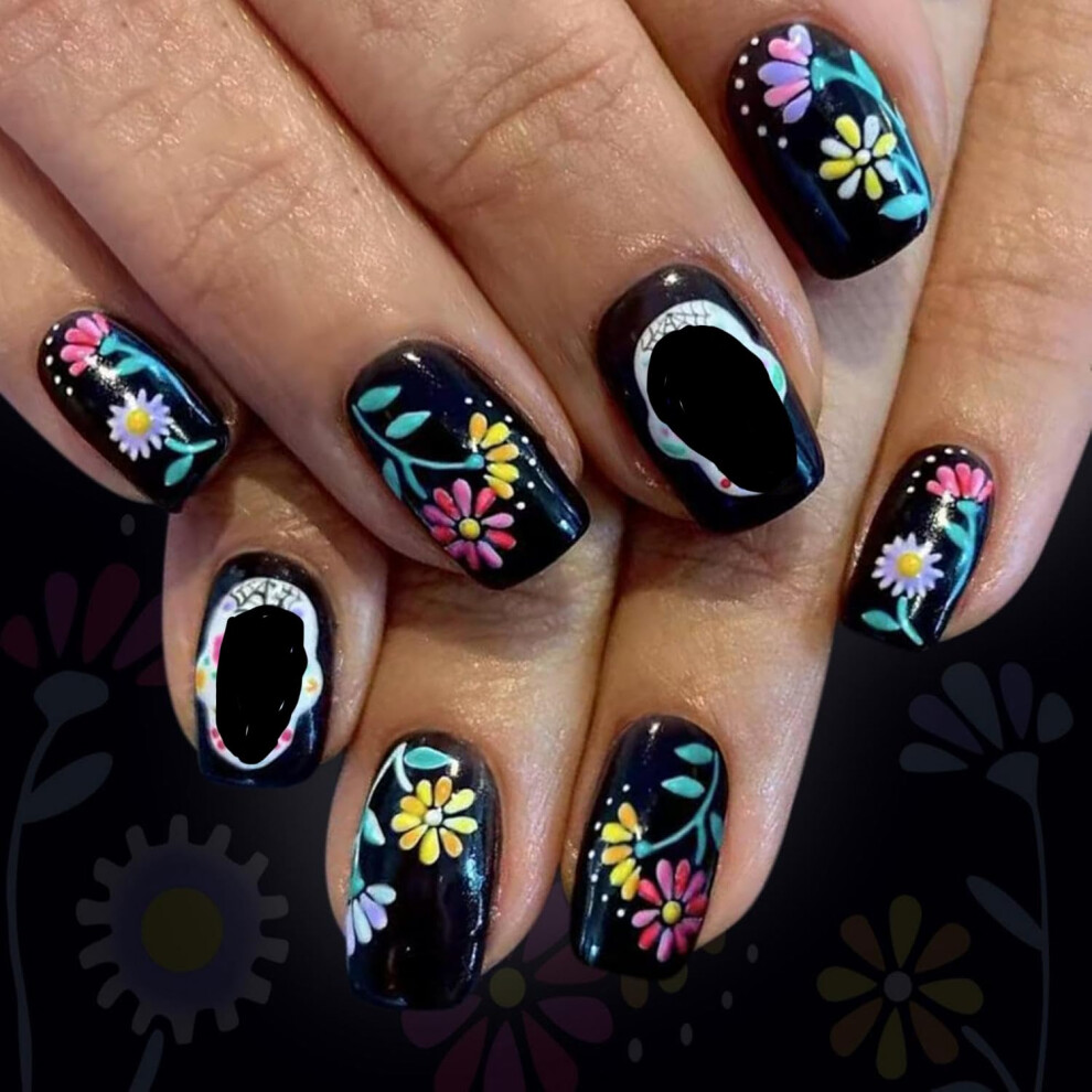 Halloween Press On Nails Reusable Glossy Short Square Skeleton and Spider Web False Nail Kit 24Pcs