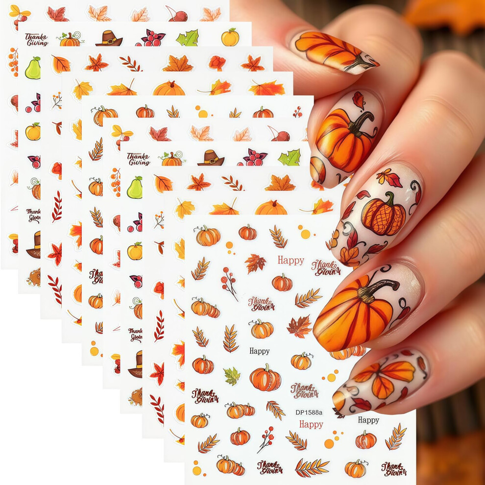 10 Sheets Thanksgiving Nail Stickers Fall Nail Art Decals with Maple Leaf Turkey Pumpkin 3D SelfAdhesive Autumn Designs