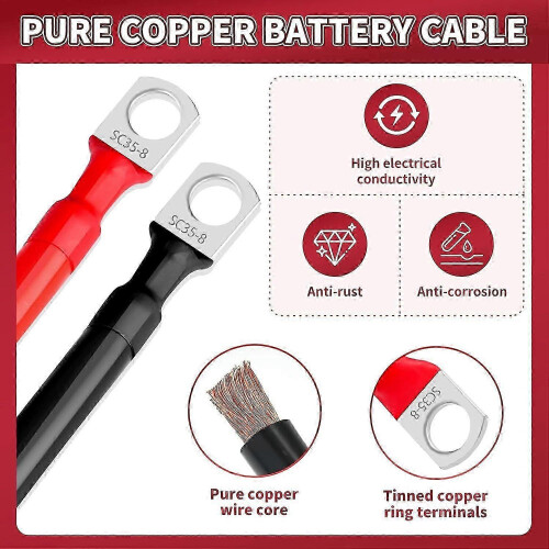 Cabo de bateria 2 AWG 6 peças de 5,9 polegadas em cobre puro com terminais de anel M10 para carro, camião e barco para autocaravanas 1