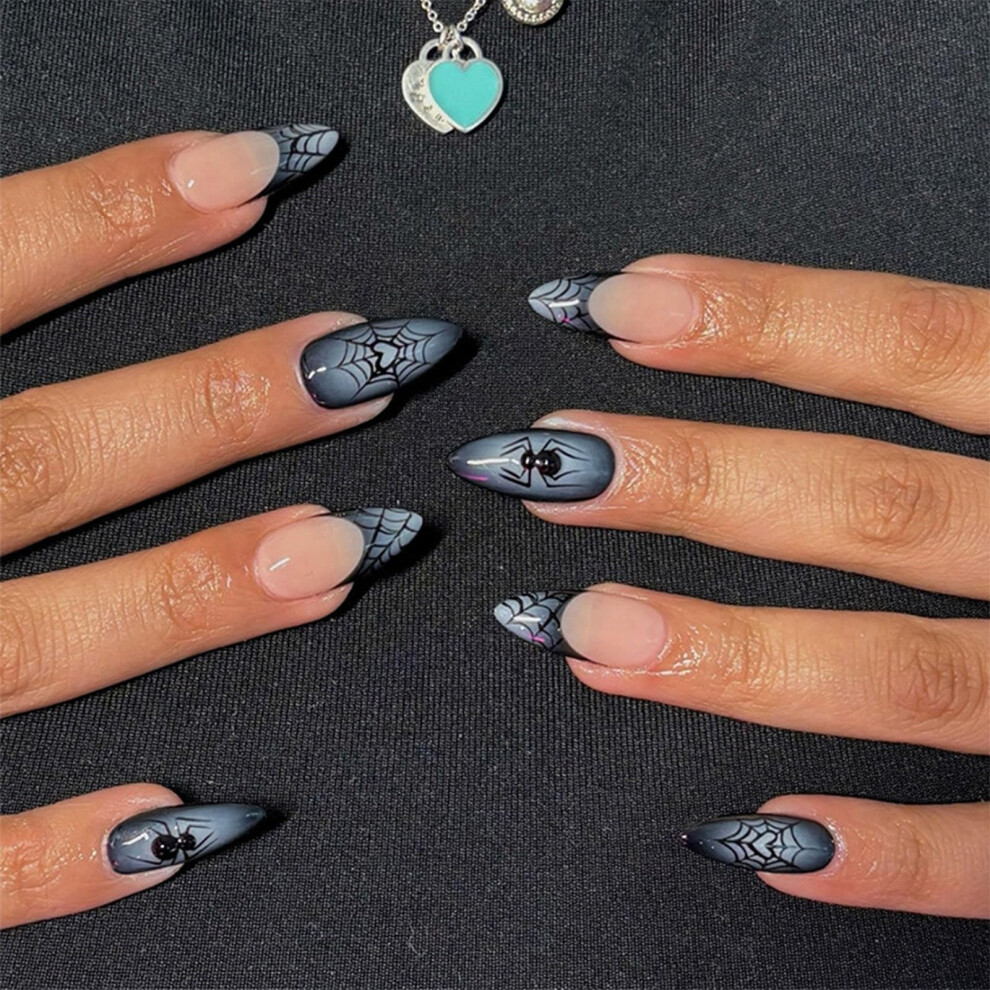 Halloween Press On Nails Blue French Tips Black Spider Web Medium Glossy False Nails 24Pcs