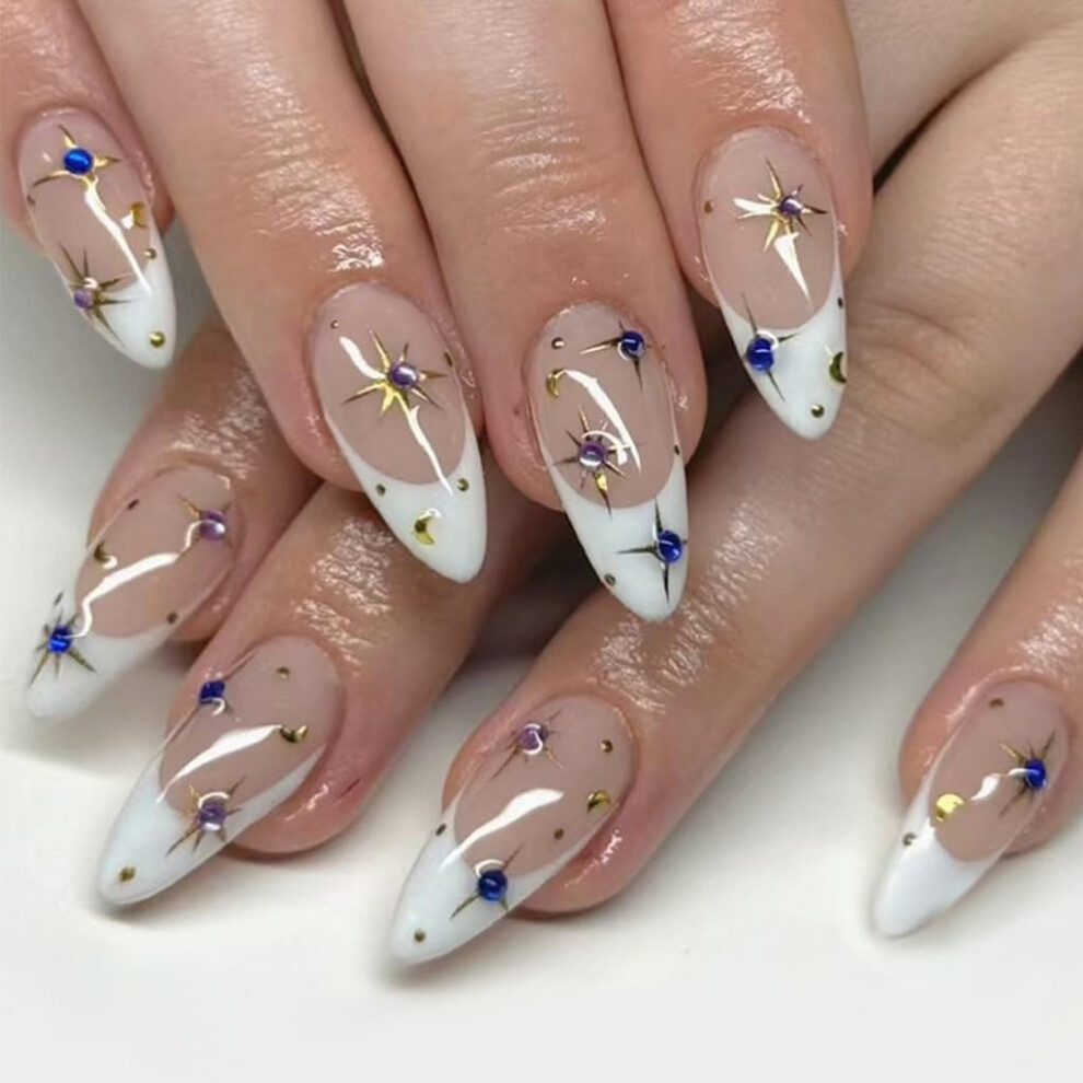 24Pcs French Tip Almond Press On Nails with Stars and Rhinestones, Instant Salon Manicure