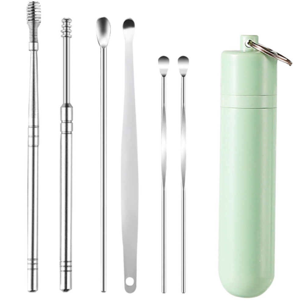 Green Ear Cleaning Kit Stainless Steel Ear Pick Set 6Piece Precision Wax Removal With Travel Case