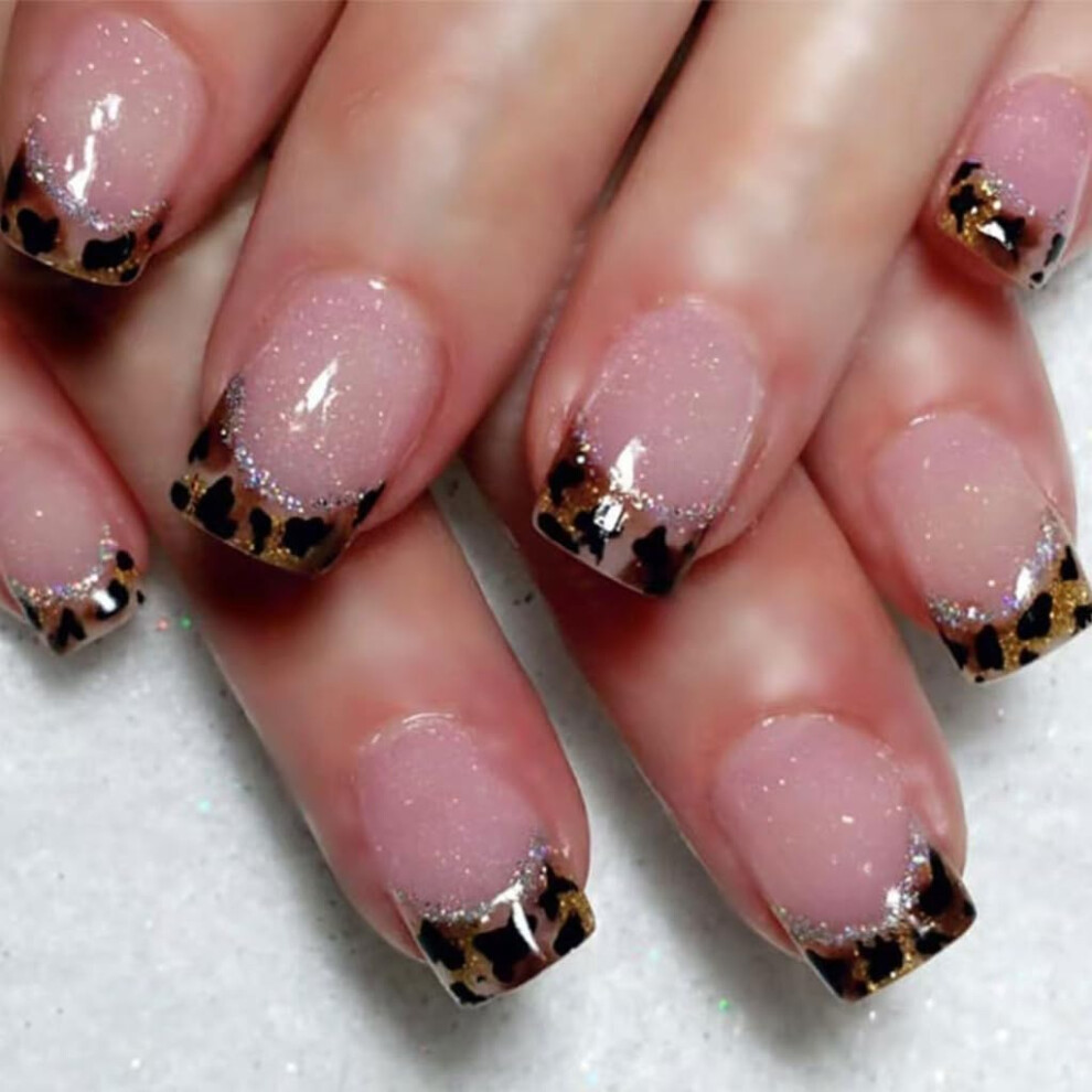 Leopard Print Square Press On Nails 24pcs Glossy False Nails Full Cover Easy StickOn Set