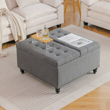 Square Linen Upholstered Storage Ottoman with Lift-Top & Flip Design, Grey